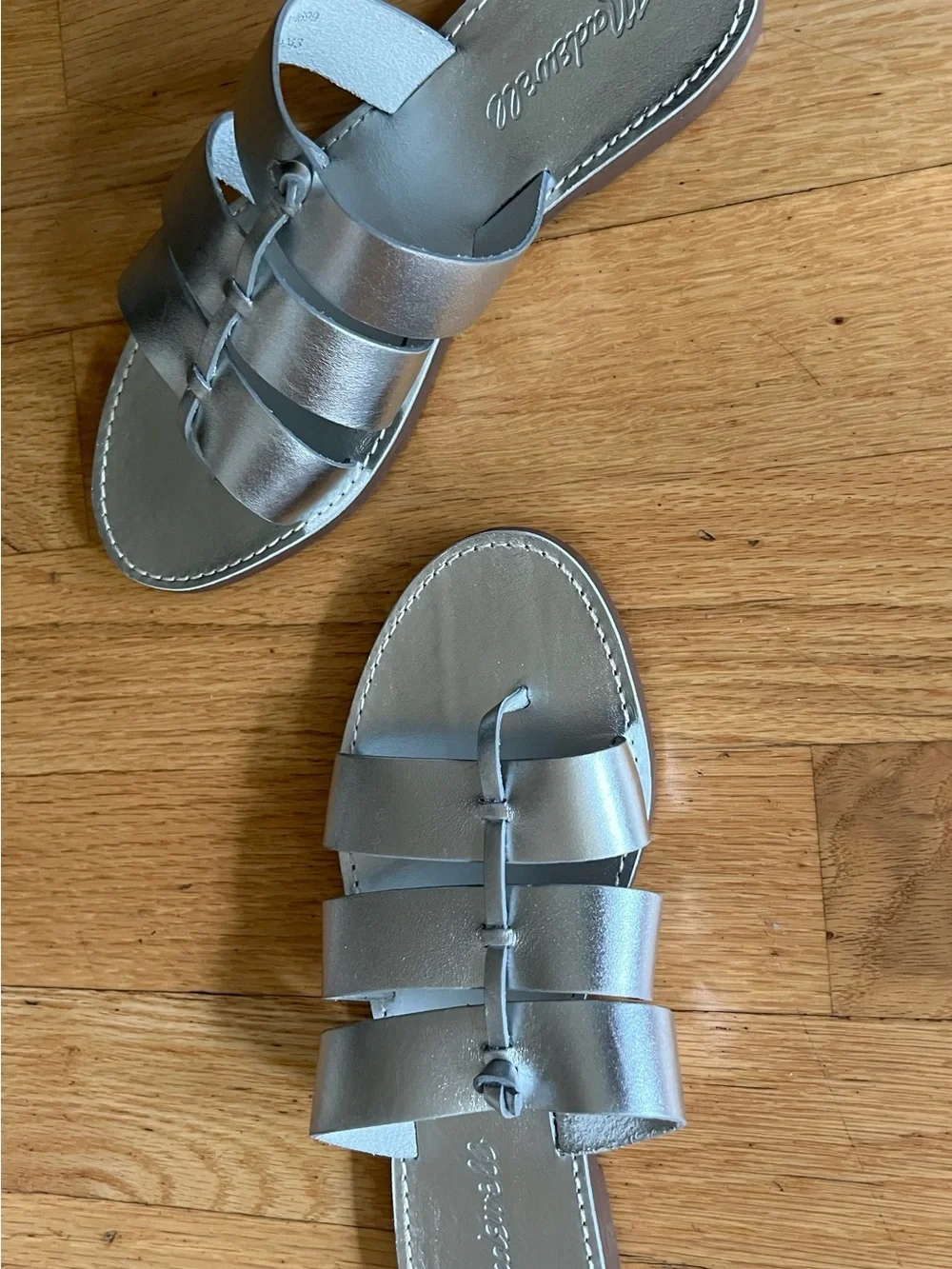 Madewell Metallic Silver Triple-Strap Slide Sandals in Leather